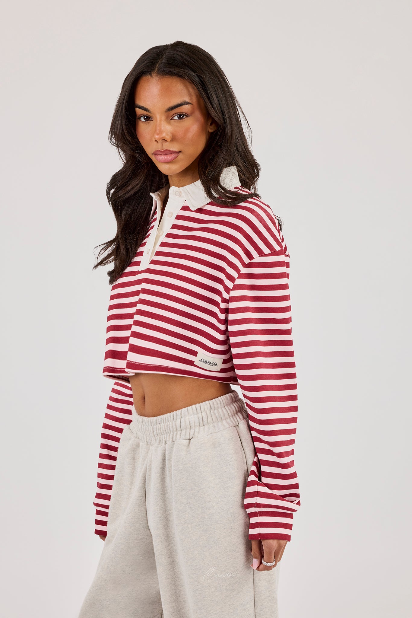 Long Sleeve Stripe Cropped Polo - Pink